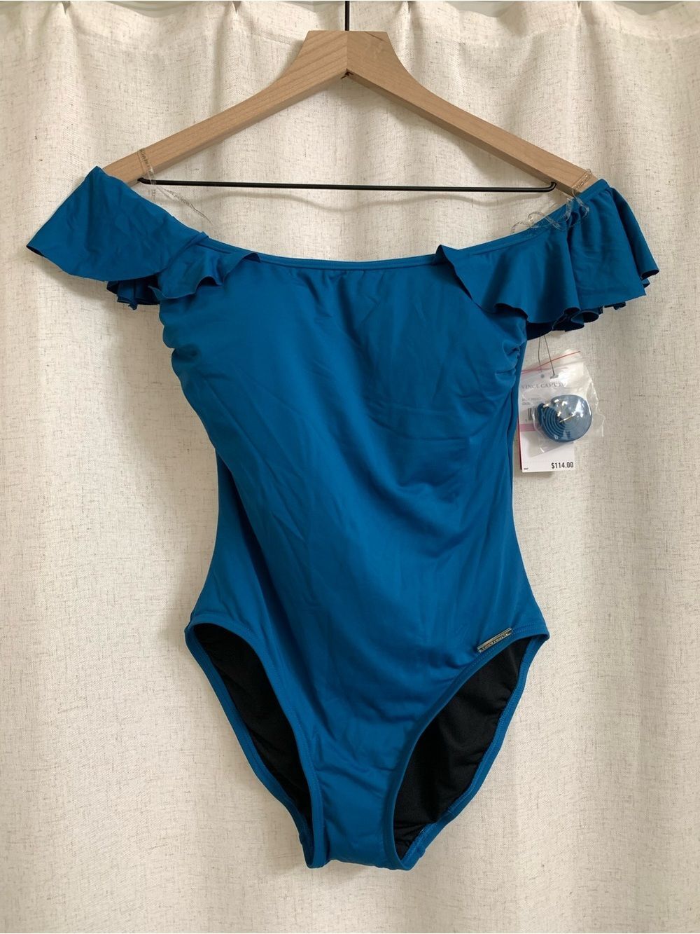 Vince Camuto Teal Blue One-Piece Swimsuit Cap Sleeve Ruffle Detail 6